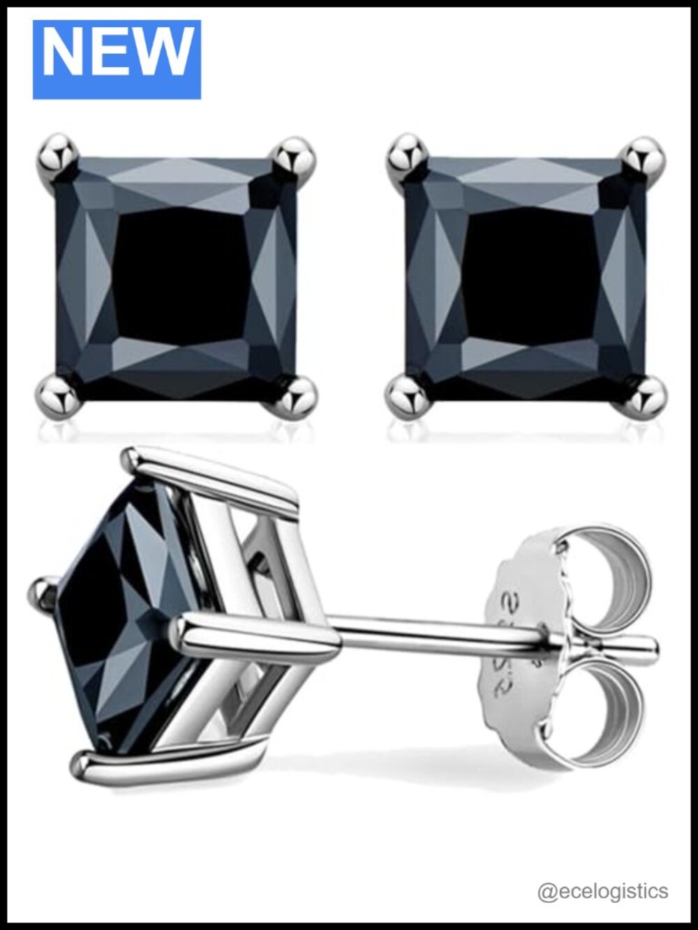 Moissanite Stud Earrings 18K White Gold Plated 925 Sterling Silver Princess Cut
